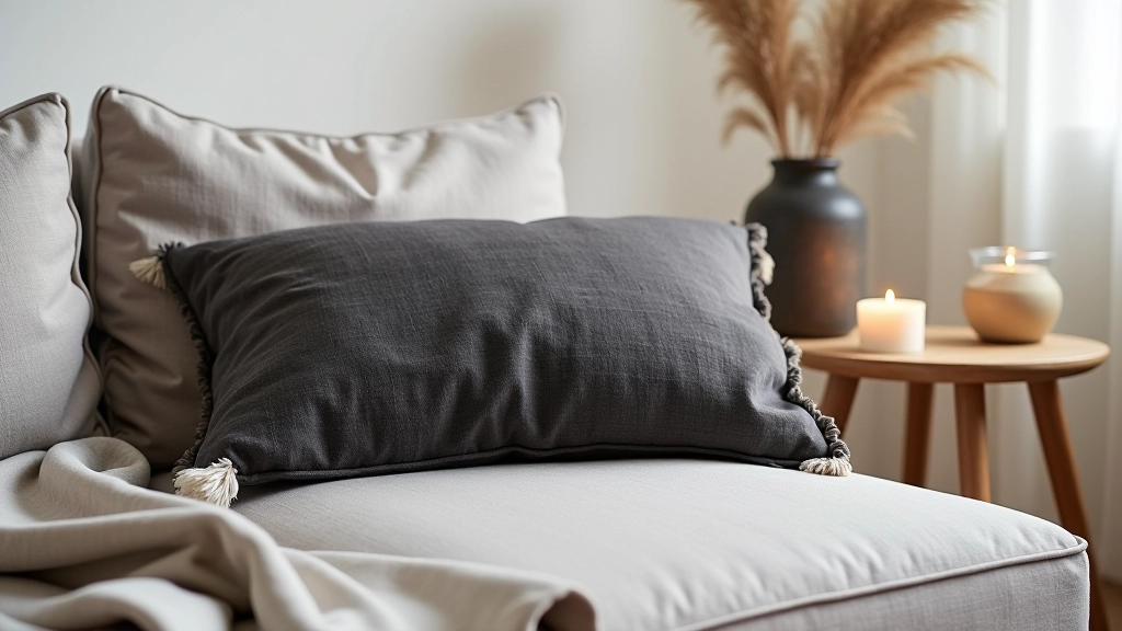 Charcoal linen throw pillow on apartment sofa