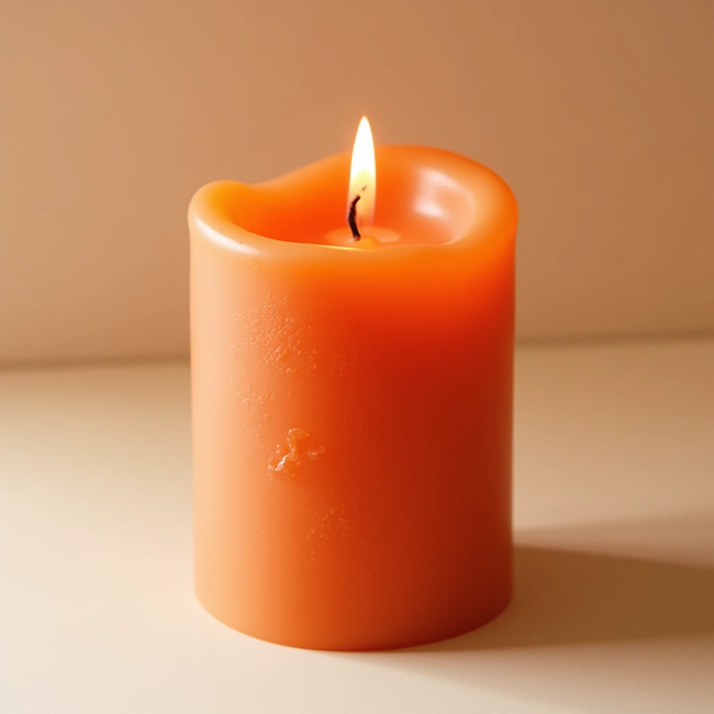 Close-up detail of terra cotta pillar candle surface showing texture and warm clay-inspired color, soft studio lighting highlighting candle wax finish