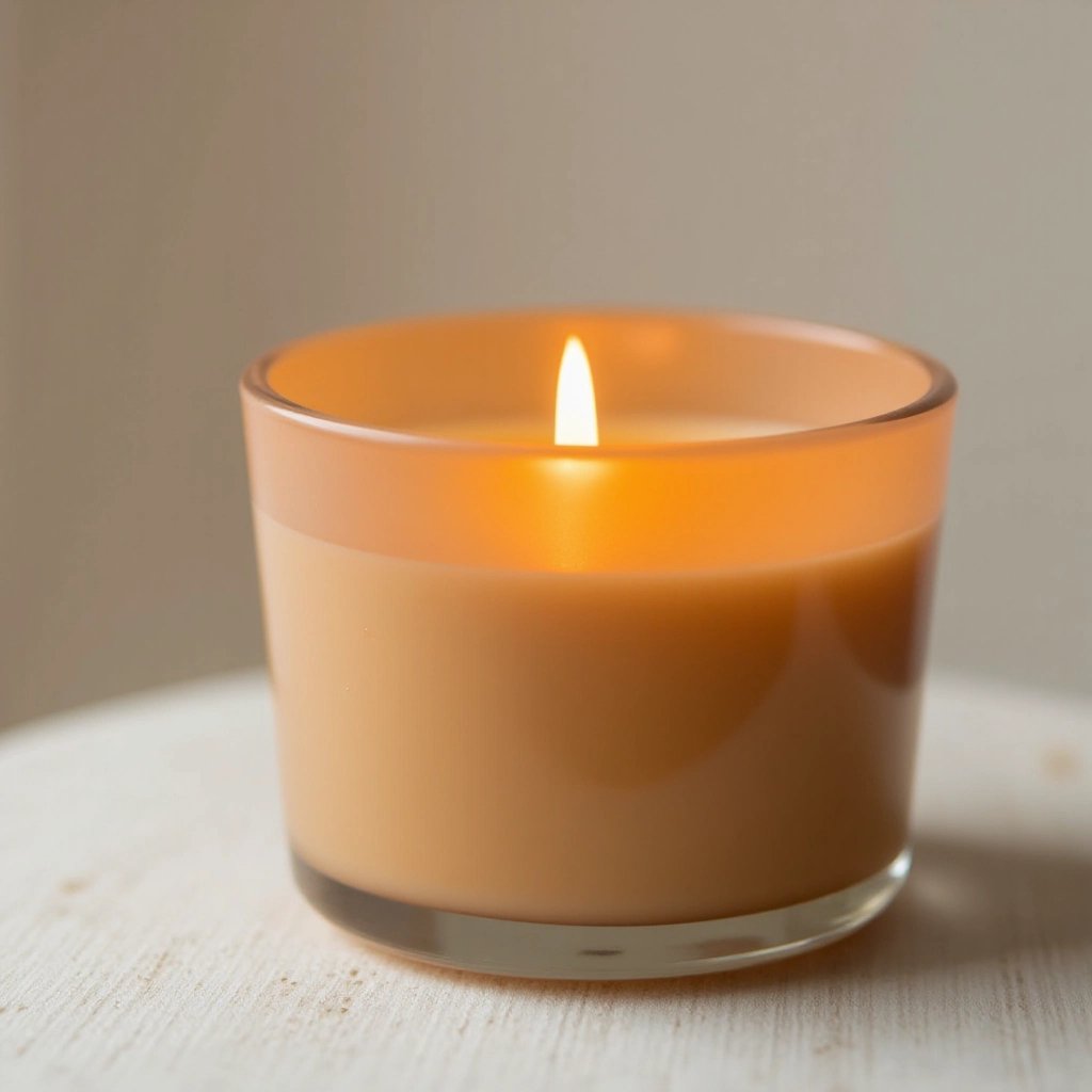 Close-up of wooden wick in soy candle with warm amber glow, flame detail showing natural crackling, soft focus background