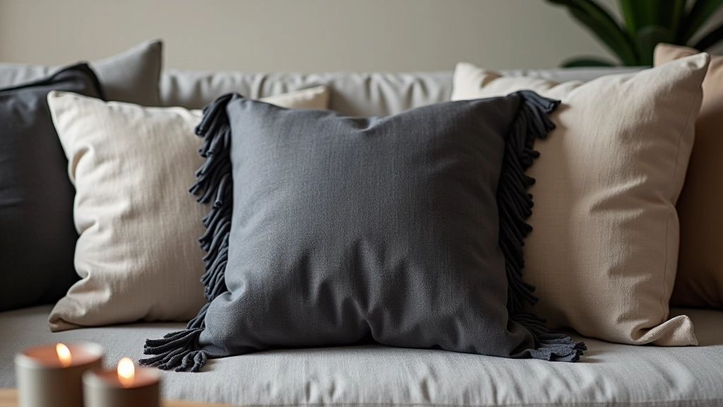 Linen Throw Pillow in charcoal gray with linen fringe detail, layered on sofa with other neutral textiles in cozy apartment setting