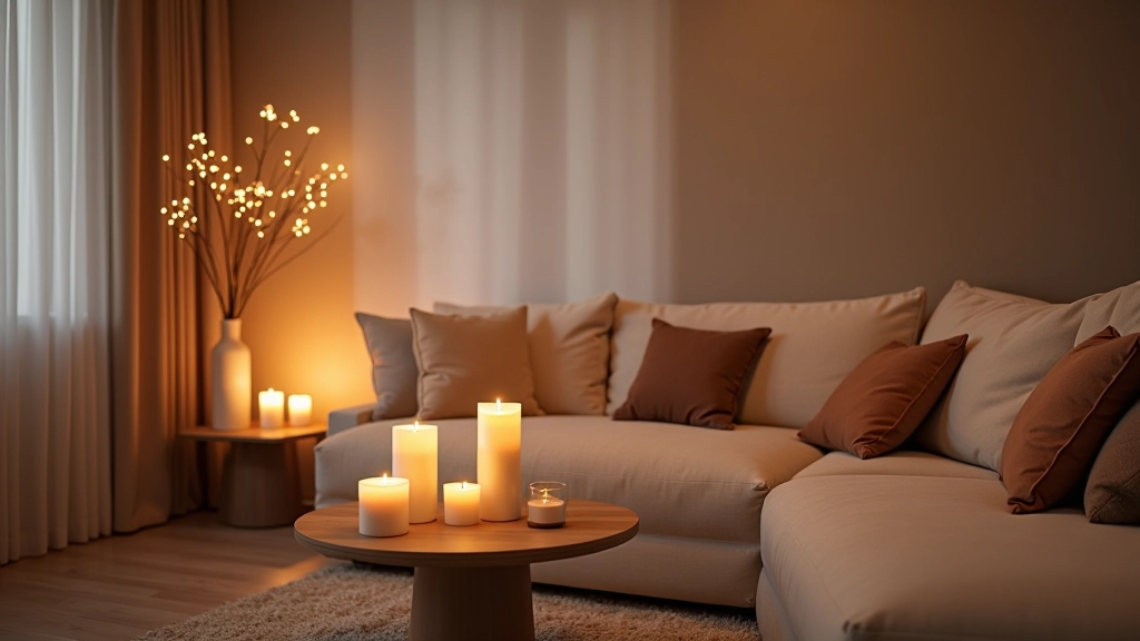 Modern apartment living room with soft lighting, cozy seating, warm neutral tones, and carefully arranged decor elements creating an inviting atmosphere