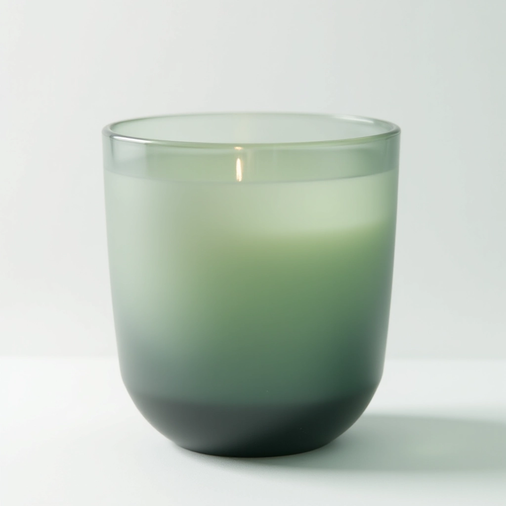 Close-up detail of gradient glass vase showing smooth transition from smoke gray to sage green, soft natural lighting, professional product photography