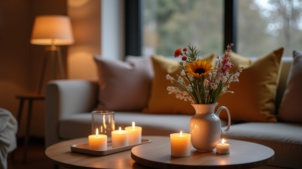 Living room with throw pillows on sofa, glass vase with flowers, and candles arranged on coffee table