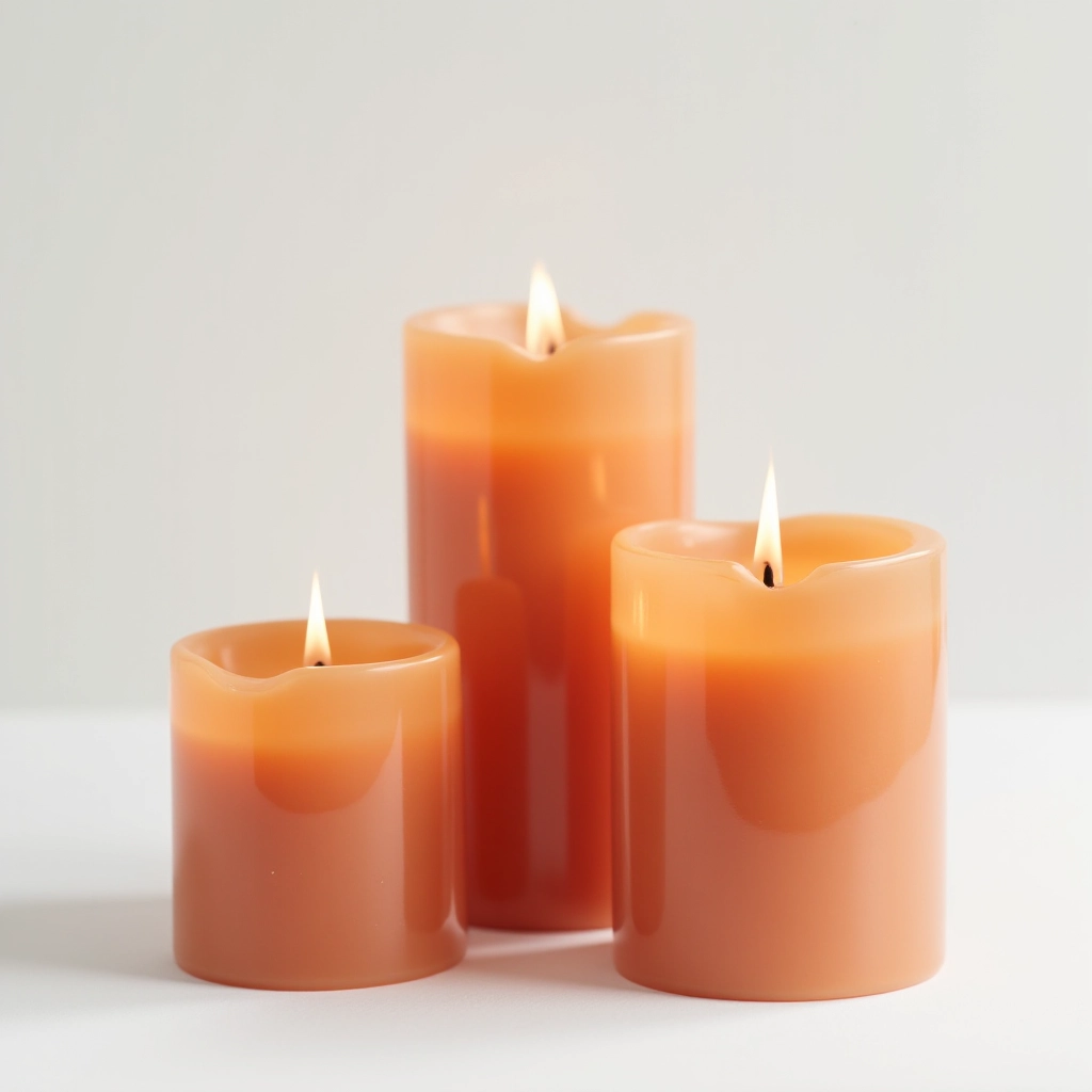 Three terra cotta clay-colored pillar candles arranged in group, unscented, classic design
